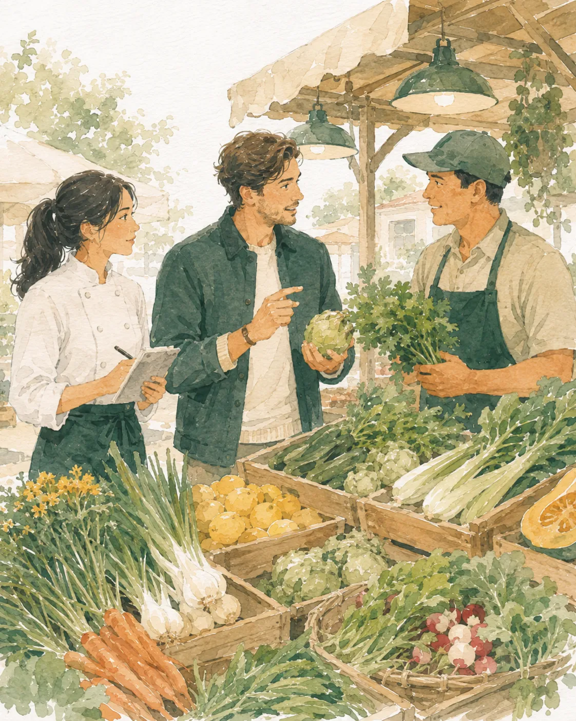 Illustration of a chef and a buyer choosing vegetables with a supplier across crates of produce at a market stall.